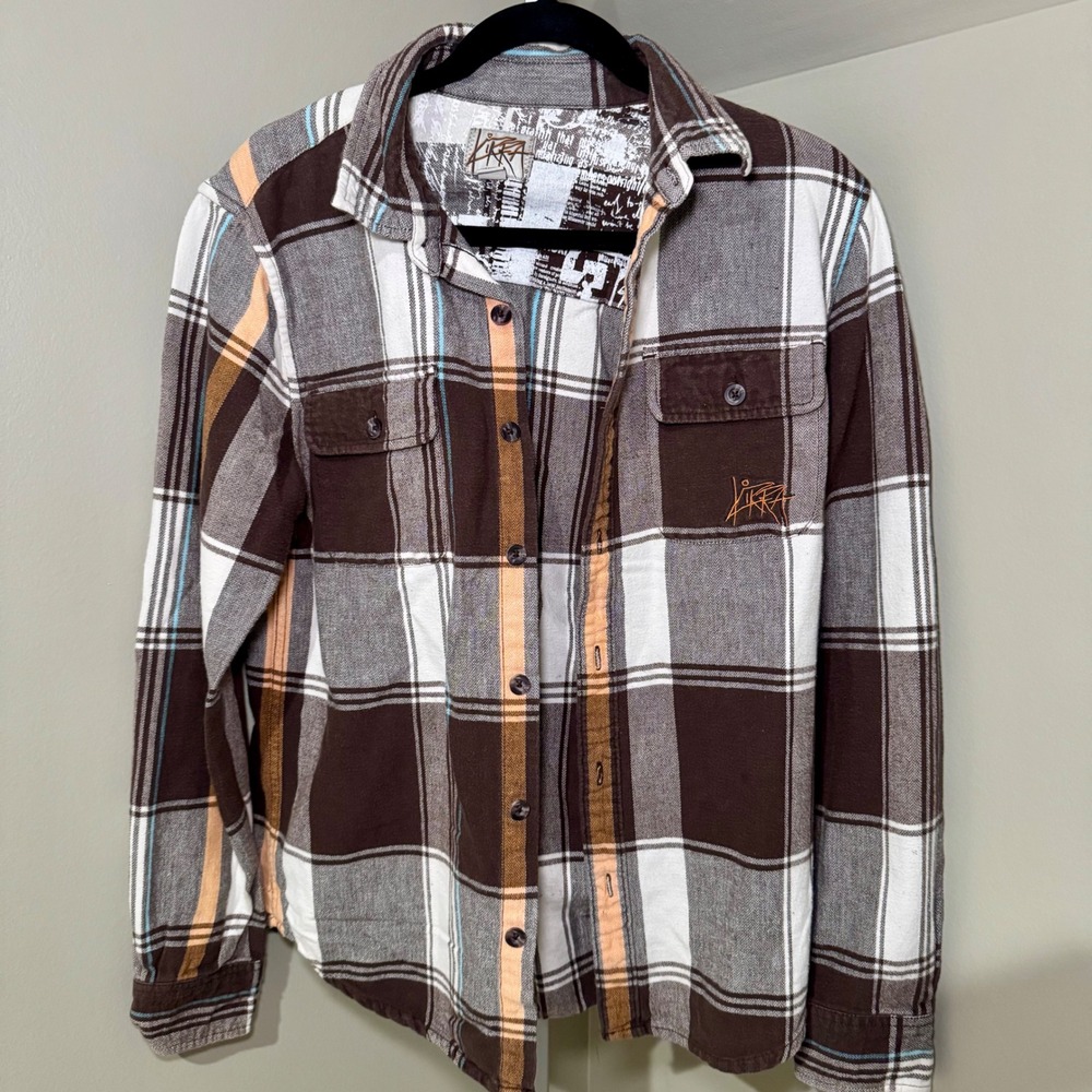 Kirra Plaid Flannel Shirt Mens Medium Brown White Orange Long Sleeve Button Up - Picture 4 of 4